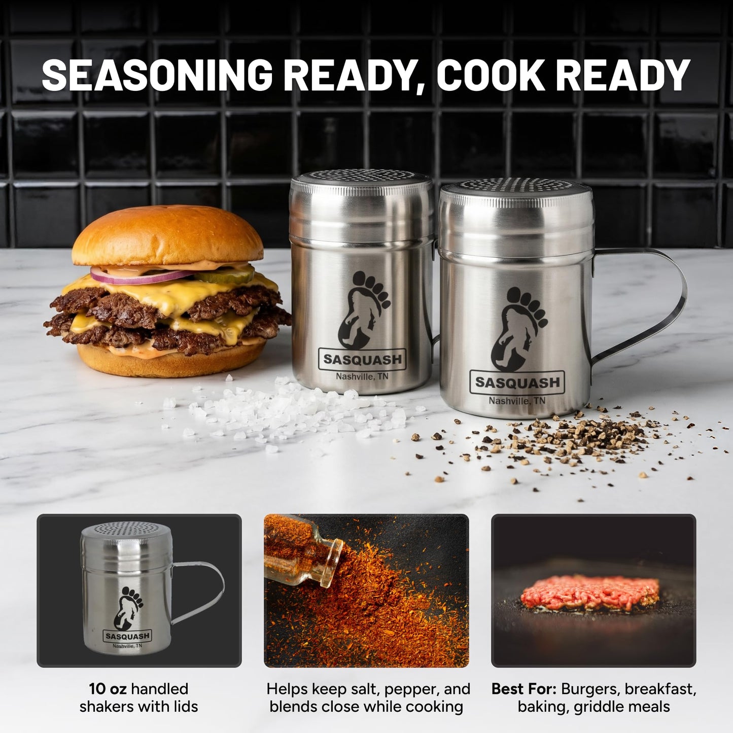Sasquash Spice Shaker, Stainless Steel Shaker, 10 Oz Seasoning Shakers With Lid, 2 Pack Salt And Pepper Shakers For Griddle Cooking, Grill Station, Sugar Dispenser, Kitchen Accessories