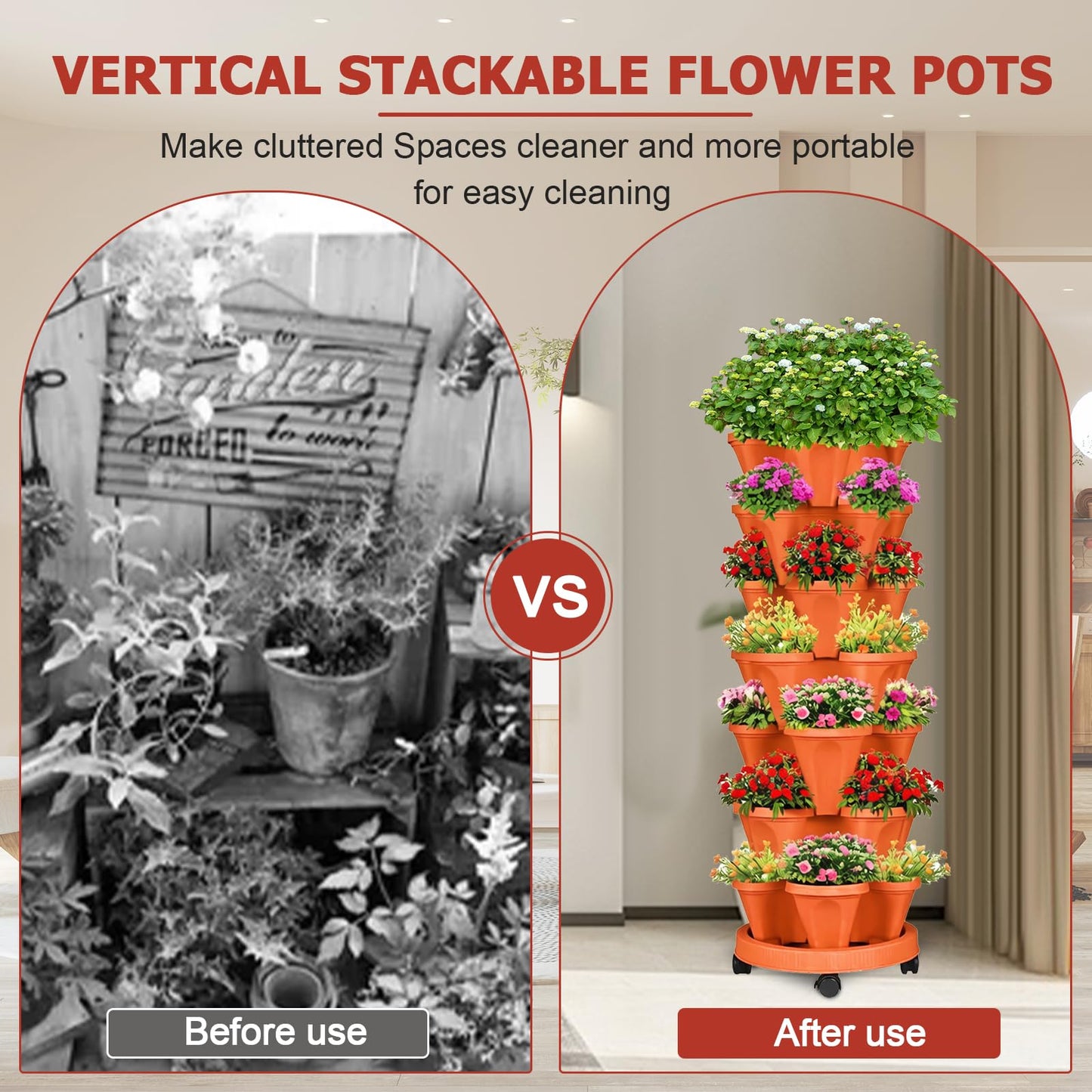 SunFunUSA 7 Tier Vertical Strawberry Planter-Tower Stackable Herb Planter Stacking Garden Planters Pot Outdoor with Tools Mover for Growing Flowers, Vegetables and Succulents, Red
