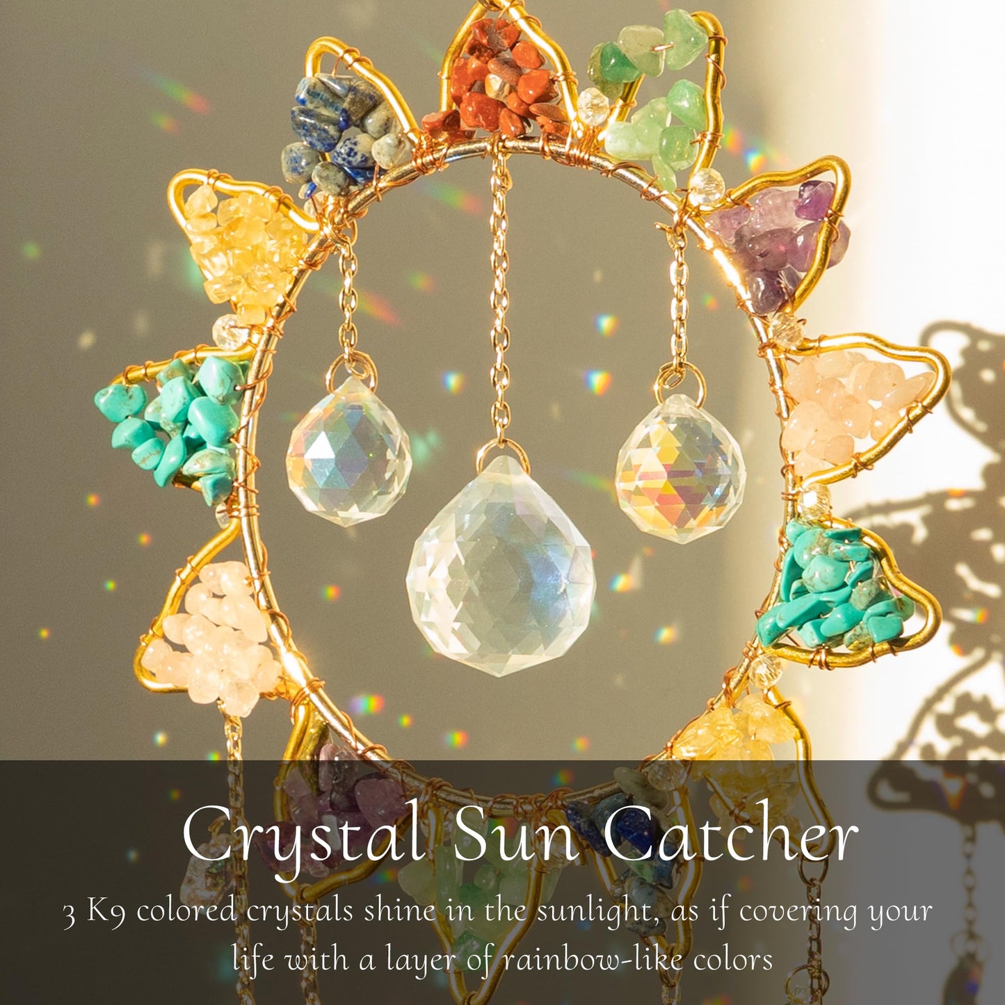 Tree of Life Crystal Sun Catcher Hanging Decor, Handmade Gift for Wall and Window with 3 K9 Crystal Prism Balls & Natural Crystal Stone, Rainbow Maker Decor Ornament for Home, Bedroom, Balcony
