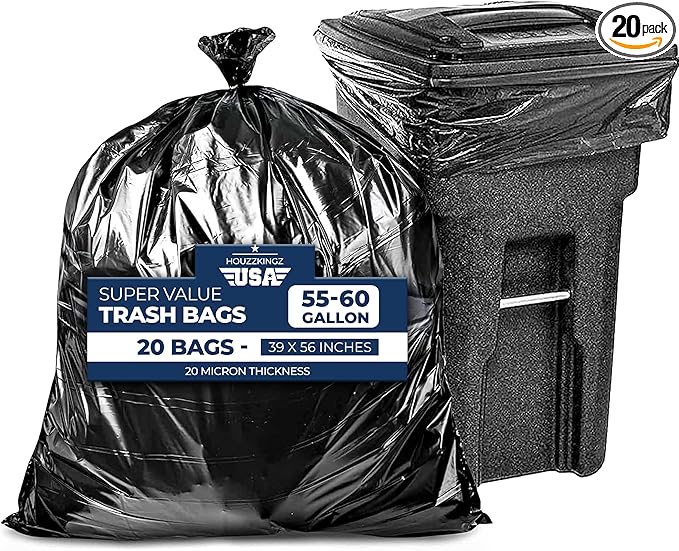 55 Gallon Large Trash Bags 20 Black Contractor Garbage Bags | Heavy Duty Lawn