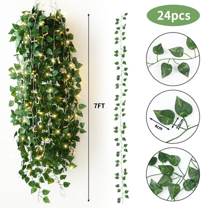 CEWOR 24 Pack 173ft Fake Ivy Vines, Artificial Ivy Garland with 200 LED String Lights, Hanging Plants Greenery Backdrop Green Leaves for Bedroom Room Wall Decor Wedding Party Table Decoration
