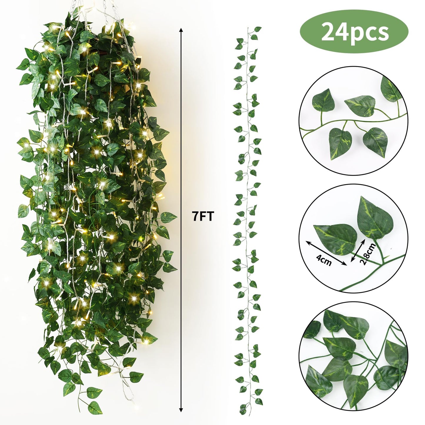 CEWOR 24 Pack 173ft Fake Ivy Vines, Artificial Ivy Garland with 200 LED String Lights, Hanging Plants Greenery Backdrop Green Leaves for Bedroom Room Wall Decor Wedding Party Table Decoration