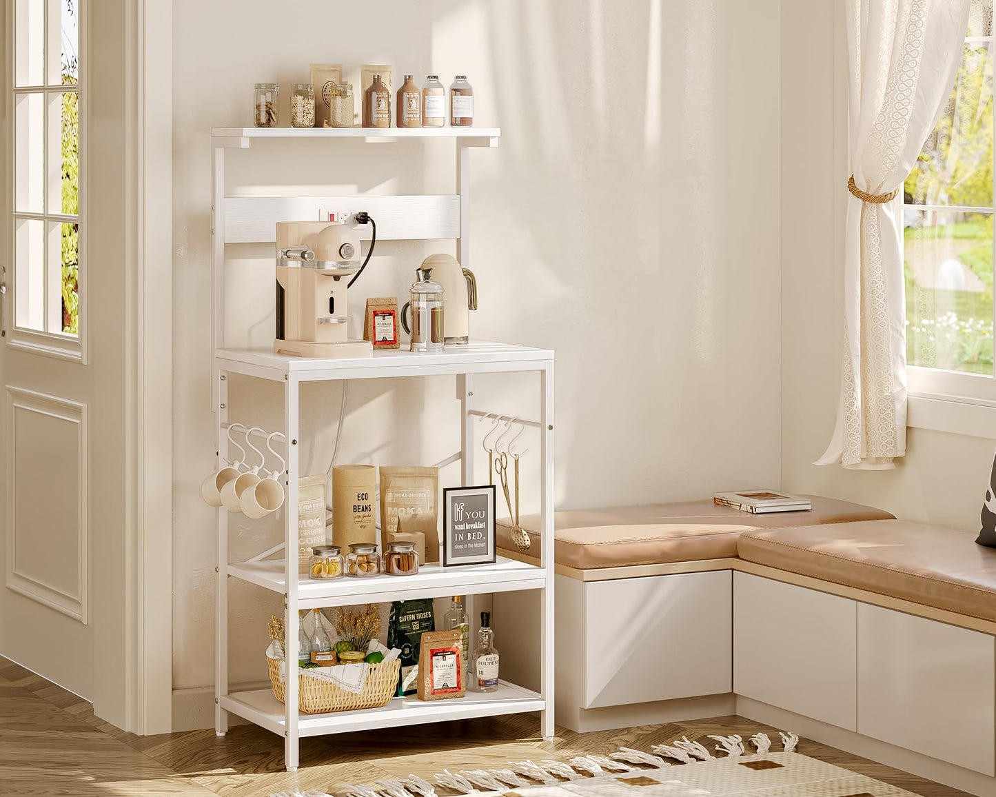 SUPERJARE Kitchen Bakers Rack with Power Outlet, Coffee Bar Table 4 Tiers, Kitchen Microwave Stand with 6 S-shaped Hooks, Storage Shelf Rack for Spices, Pots and Pans - Rustic Brown