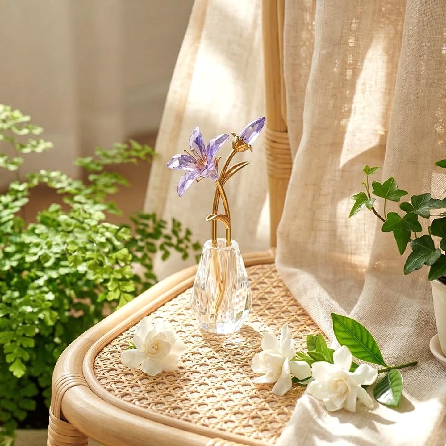 Crystal Tiger Lily Flowers with Crystal Vase, Purple