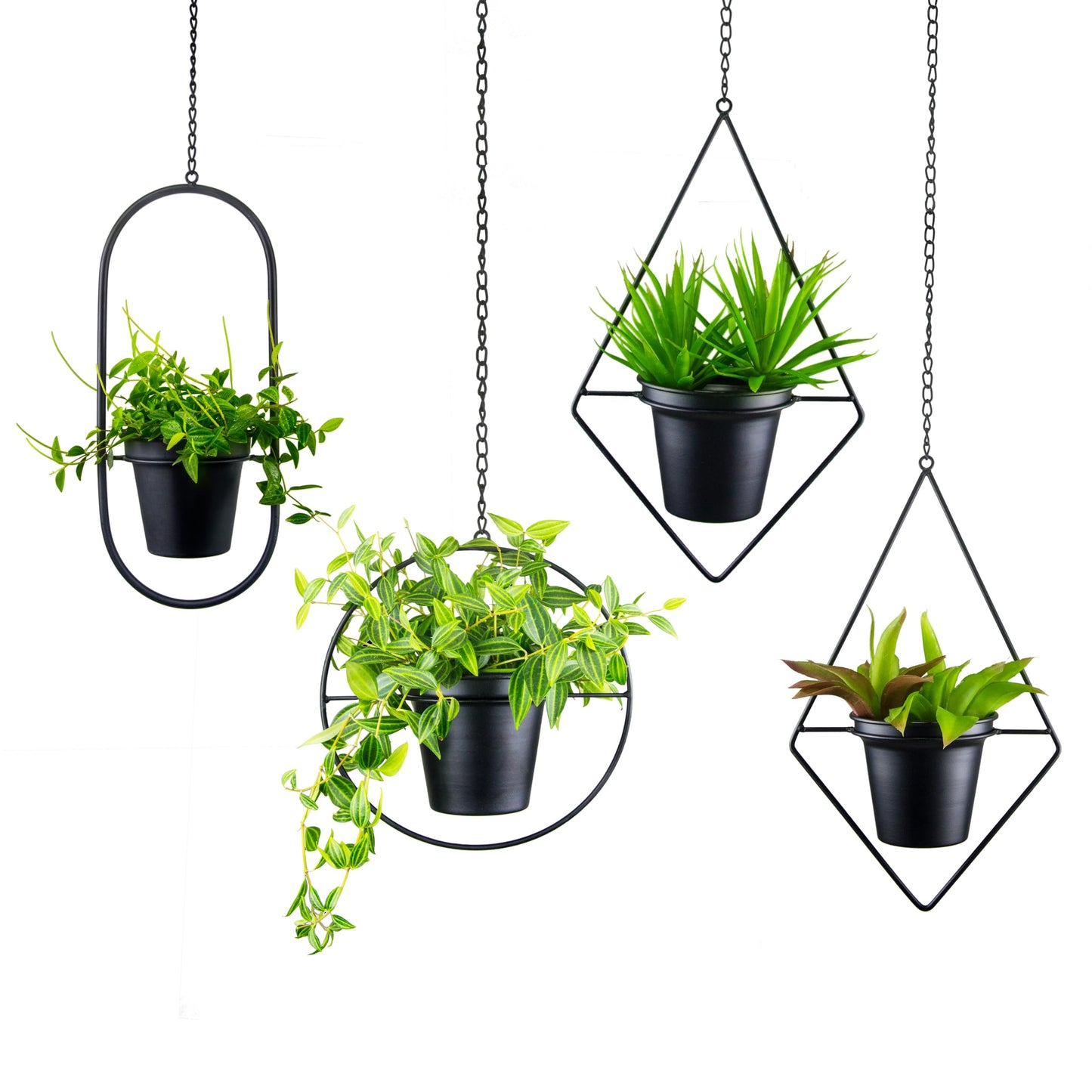 Metal Hanging Planters, Modern Plant Hanger with 5 inch Pot, Set of 4 Black Plant Holder, Small Wall and Ceiling Planter for Indoor Plants, Home Décor