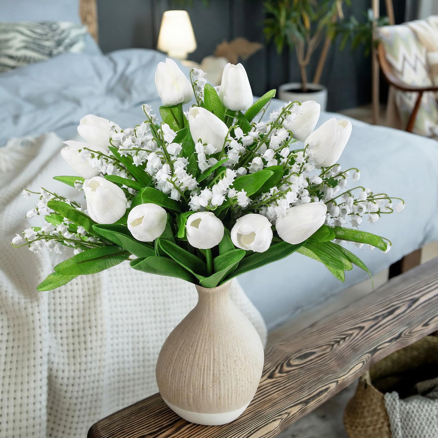 Hoteam 24 Pcs Artificial Lily of The Valley, Lifelike PU Faux Tulips, Fake Flowers Bouquet Floral Arrangements for Spring Home Decor, Spring Centerpiece, Wedding Bridal Party (White & Green)