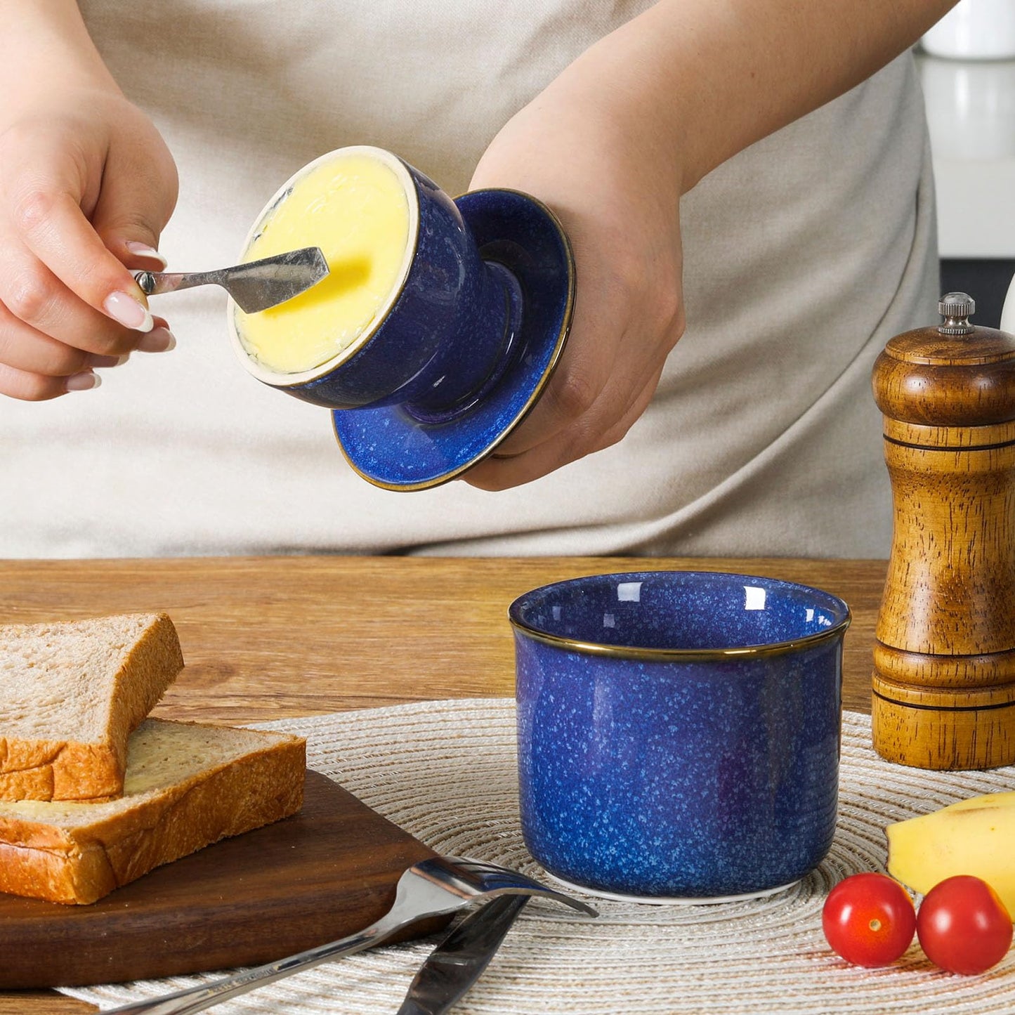DOWAN French Butter Crock, Ceramic Dish With Lid for Countertop and Fridge, Keeper With Waterline, Flip-Top Container & Spreader, Reactive Glaze Holder, Blue