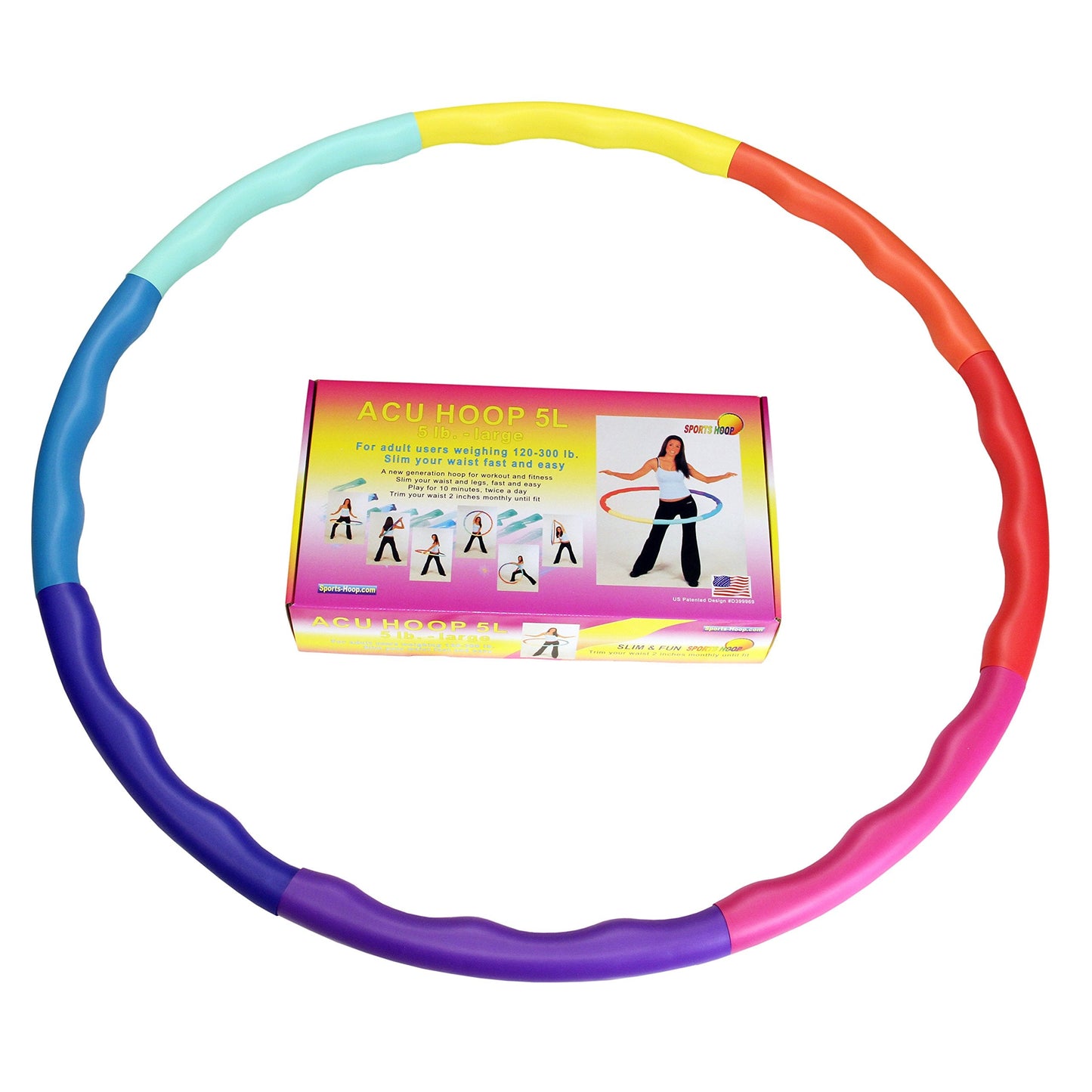 Sports Hoop Weighted Hula Hoop, ACU Hoop 5L - 4.9 lb Large, Weight Loss Fitness Workout with ridges. (Rainbow Colors)