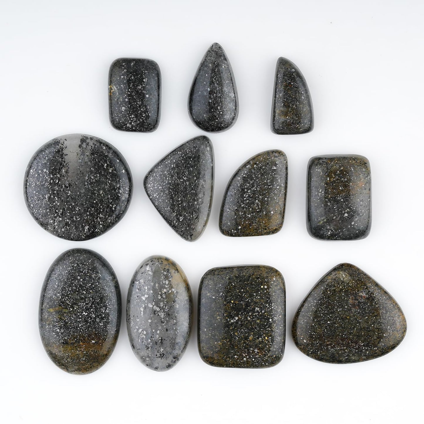 GemSymphony 50 Carat Natural Black Sunstone Gemstone Cabochon Lot Mixed Shapes – 3 pcs Hand Polished Crystal Stones for Jewelry Making Supply, Healing, Reiki, Craft Supplies, Unique Cab Set for Wire Wrapping & Collectors (15-20 mm)