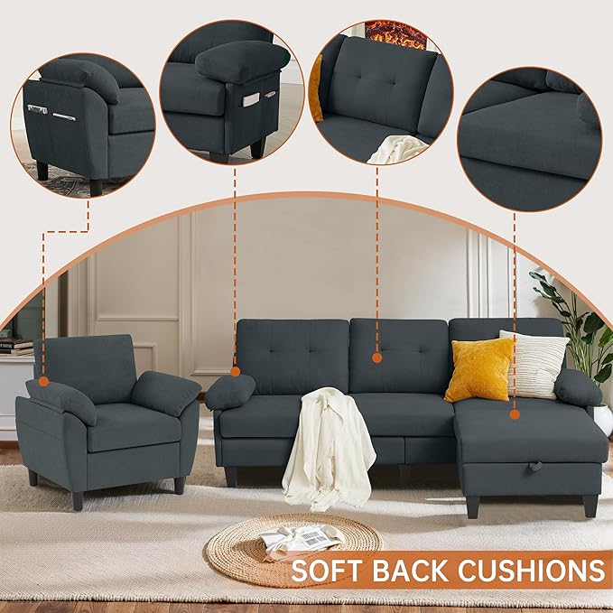 2 Piece Sectional Sofa Set, 3 Seat L Shaped Couches