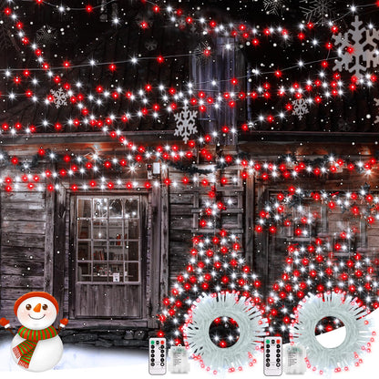 DBFAIRY 2PACK Red White Battery Christmas String Lights 32.8Ft 100LEDs, Battery Operated Wreath String Lights 8 Modes with Remote Timer Christmas Decoration for Tree Patio Garden Yard