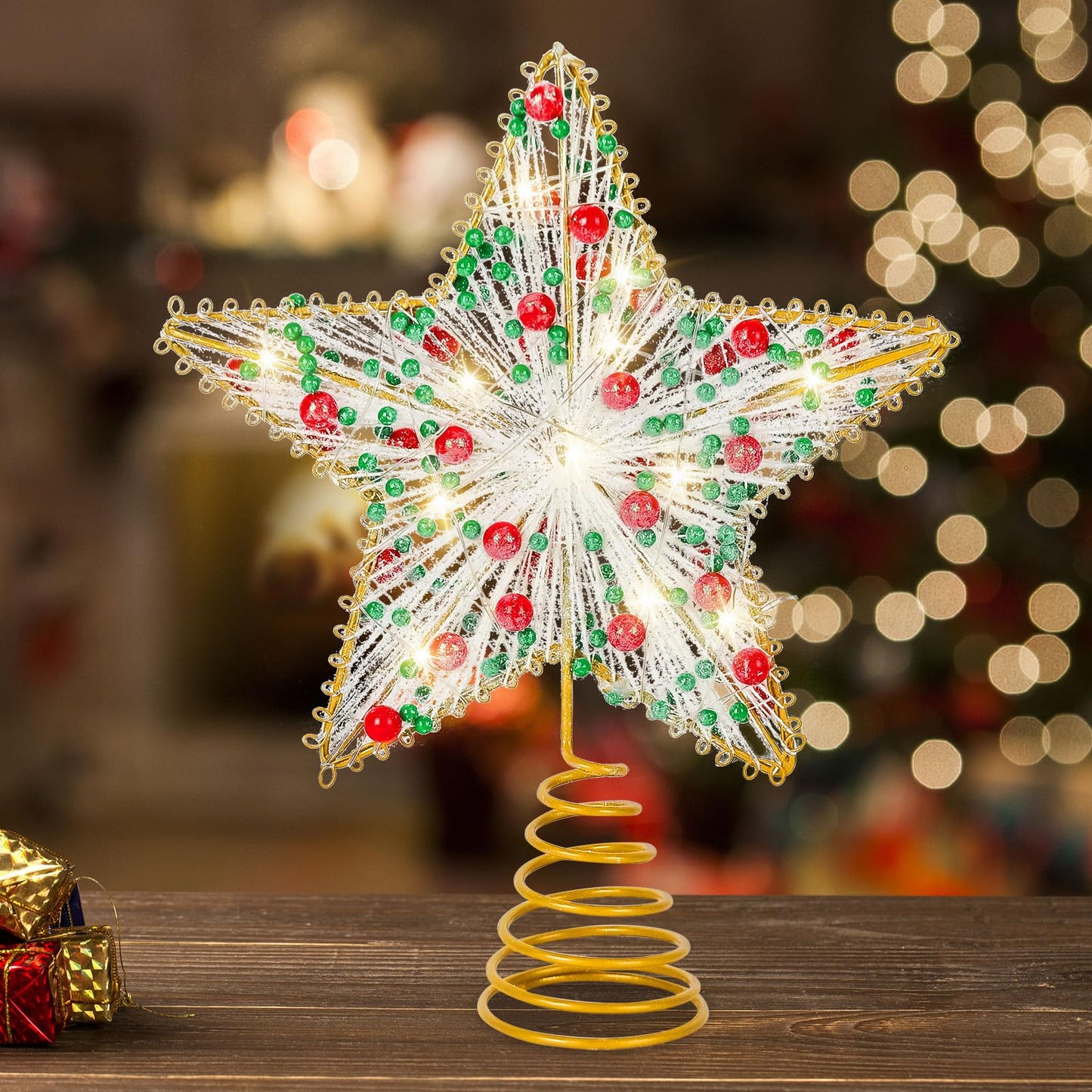 Whaline Christmas Star Tree Topper Gold 3D Star Tree Top with LED Lights Battery Powered Treetop Ornament for Xmas Winter Party Favor Indoor Outdoor Decor