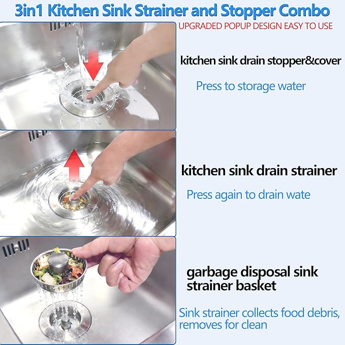 3-in-1 Kitchen Sink Drain Strainer Stopper, Upgraded Stainless Steel Sink Plug