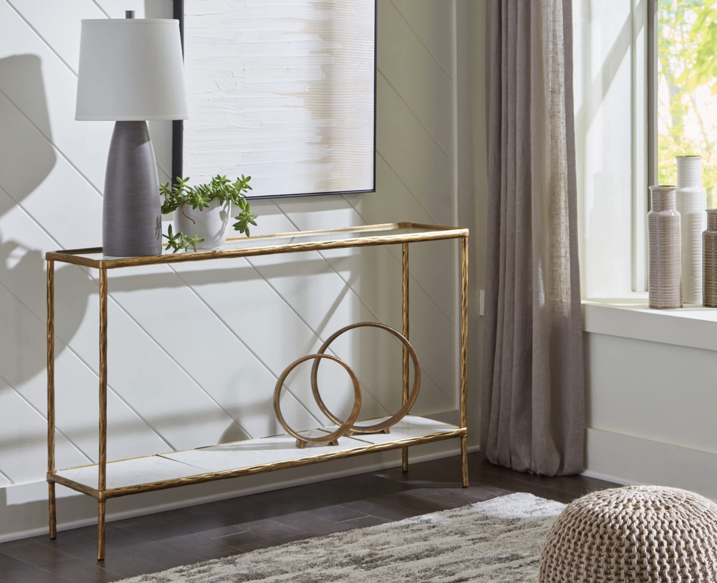 Signature Design by Ashley Ryandale Console Sofa Table, Glass Tabletop, White Marble Lower Shelf, Sand Casted Aluminum, 52" W x 12.5" D x 32.75" H, Antique Brass Finish