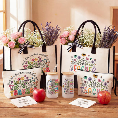 Sanwuta 6 Sets Teacher Appreciation Gifts for Women Thank You End of Year Teacher Gifts Set Include Tote Bag, Makeup Bag & 16oz Glass Cup for Employee Women Graduation Birthday School Office Supplies