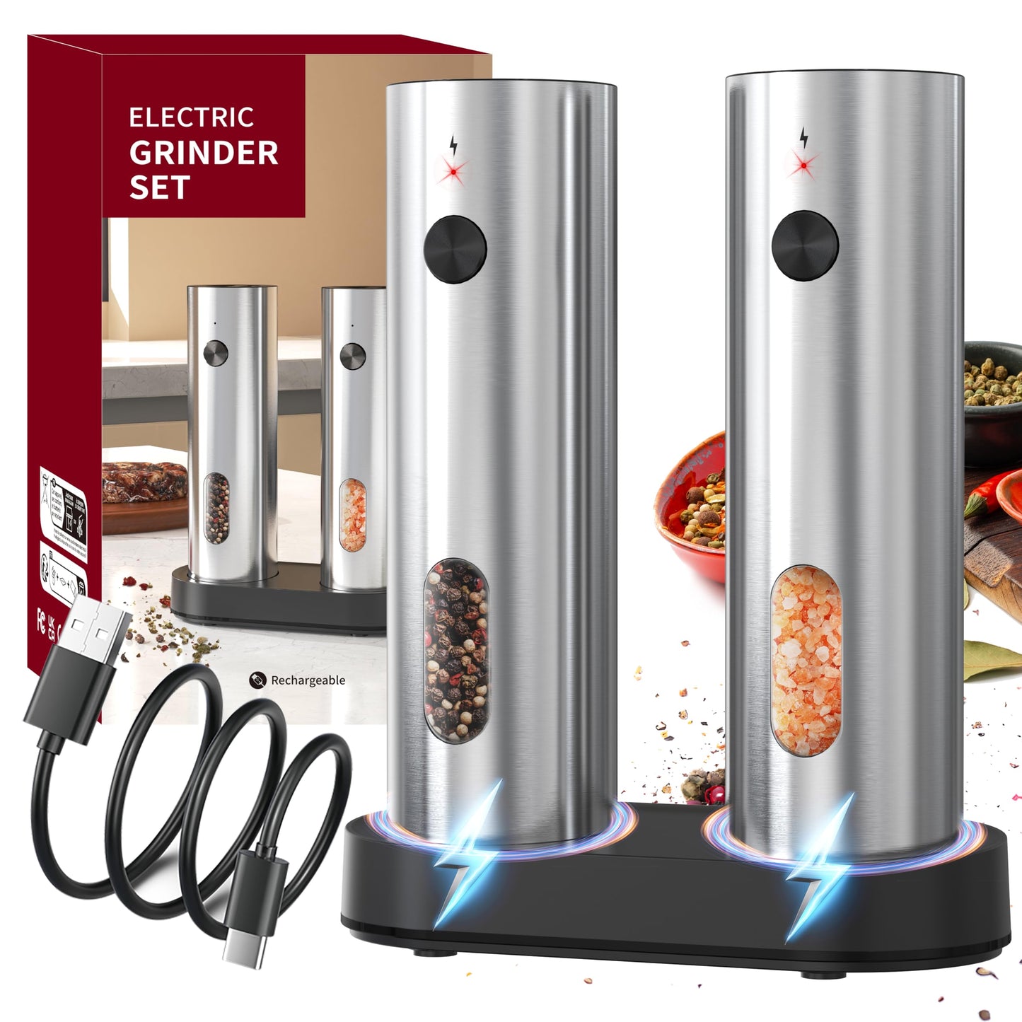 Electric Salt and Pepper Grinder Set (with Rechargeable Base), Featuring LED Lighting, Ideal for Kitchen and Outdoor Use.