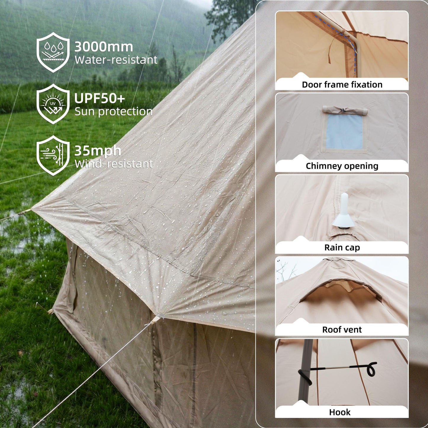 KEIKI 4 Season Canvas Bell Tent 16.4 FT Waterproof All Weather Glamping Yurt Tent, Luxury Hot Tent Stove Jack, Breathable Spacious Family Camping Teepee for 8 People Outdoor Hunting Party Event Green