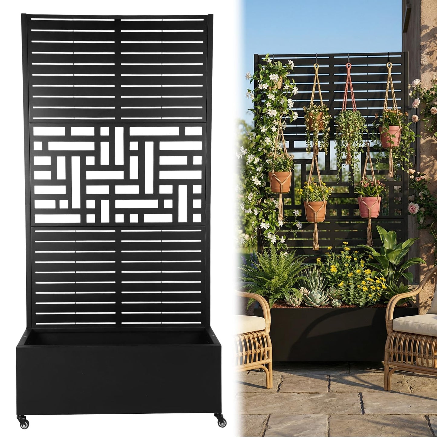 Hubxinly Metal Planter Box with Trellis,Raised Garden Bed with Trellis and Wheels,70.87x35.43x15.75 Inch Metal Standing Planter Box with Drainage Holes Suitable for Climbing Plants and Vegetables