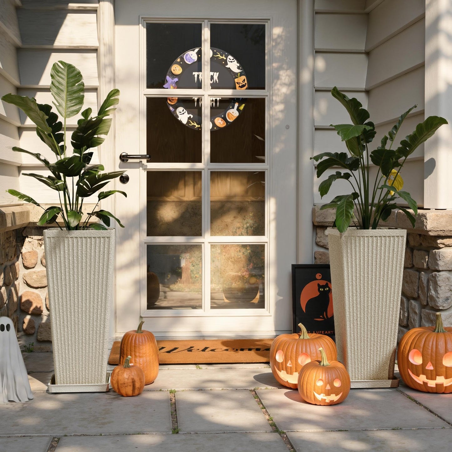Trygoal Square Tall Planters for Outdoor Plants Set of 2-23.6" Heavy-Duty Classic Tapered Indoor Flower Pots with Drainage Holes/Partition/Tray, Large Outdoor Planters for Porch Patio, Beige Cream