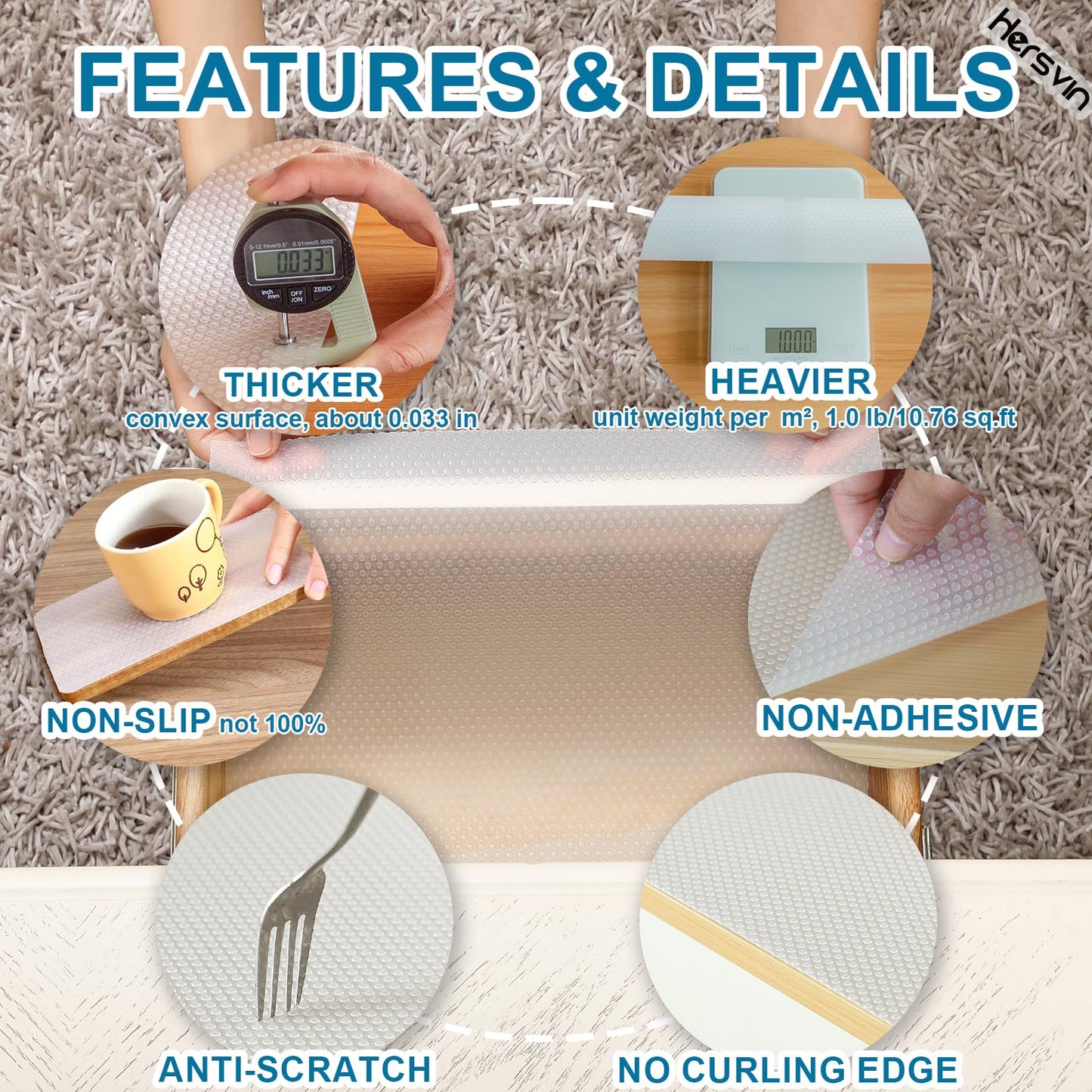 Hersvin Shelf Liners, 22in x 20ft Kitchen Drawer Mats, Non-Adhesive EVA Cupboard Protector, Cabinet Lining, Refrigerator Liner (Clear Dot, 56x610cm)