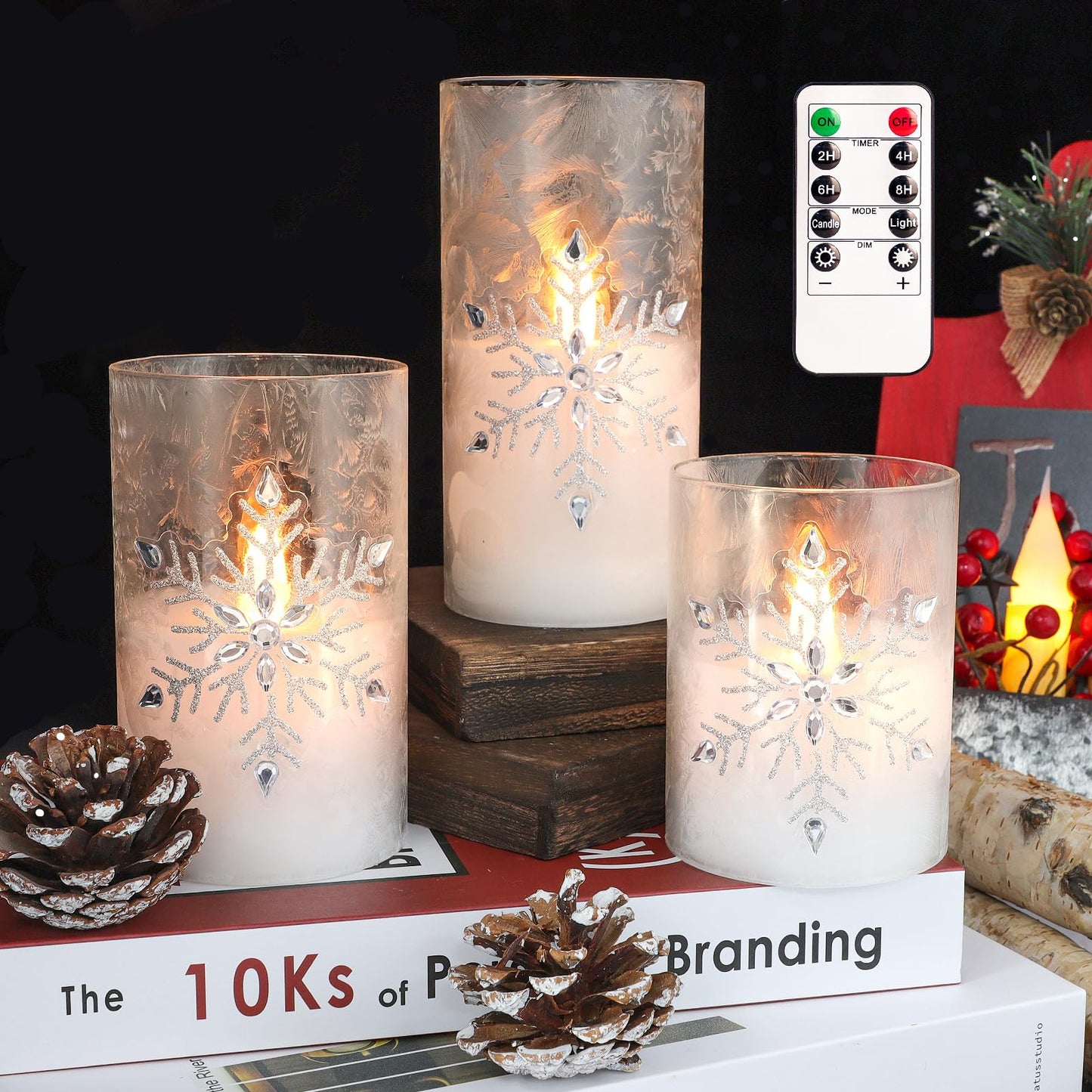 Crystal Club Christmas Flameless Candles, Battery Powered LED Real Wax Candles, Holiday Glass Flickering Candles with Beads and Snowflake Design for Xmas Tree, Home Mantel, Bedroom Decor, Set of 3