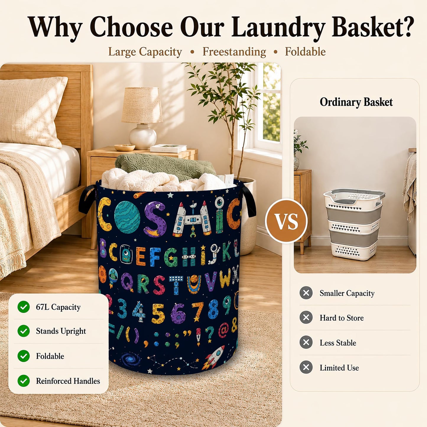 Cosmic Alphabet Space Collapsible Laundry Hamper for Bedroom, Freestanding Oxford Clothes Basket, Large Foldable Storage Bin with Easy-Carry Handles for Bathroom Dorm Laundry Room