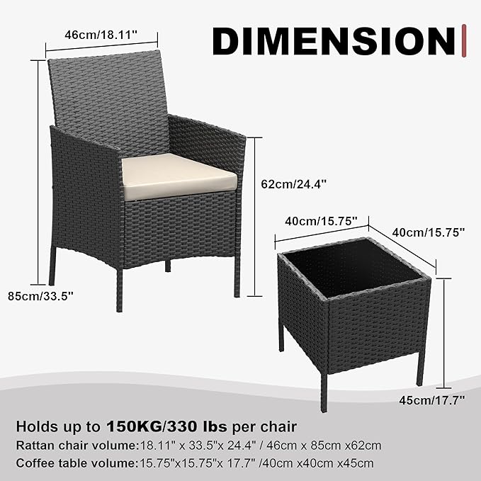 GarveeLife 3 Piece Patio Furniture Set, Rattan Outdoor Furniture