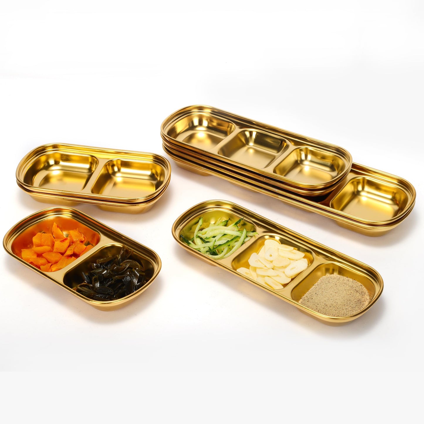 drizzle 10PCS Sauce Dish Stainless Steel Gold Soy Tomato Sauce Salt Vinegar Sugar Spices Flavor Condiment Dip Bowls Korean BBQ Home Kitchen Plates