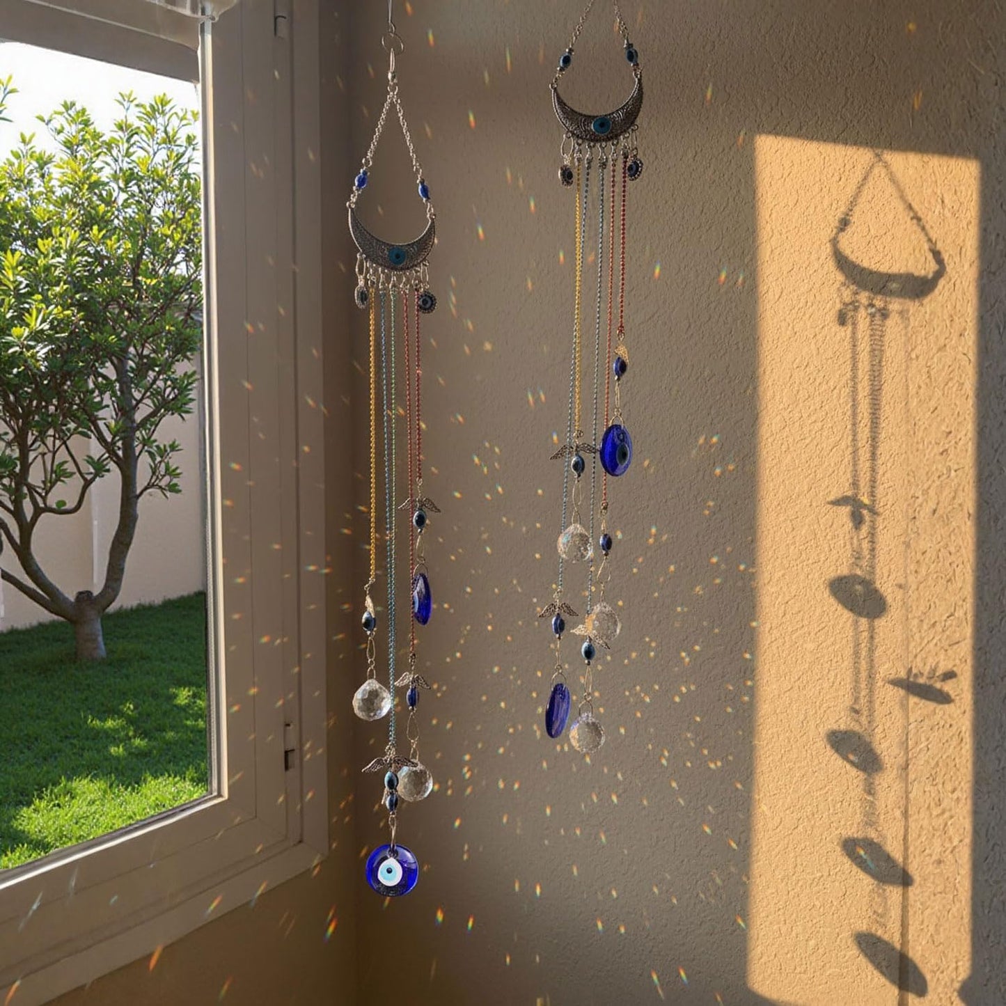 20 Inch Blue Evil Eye Hanging Crystal Suncatcher Ornament, Chakra Energy Crystal Ball Prism Pendant Rainbow Maker for Christmas Tree, Window & Home Decor Protection