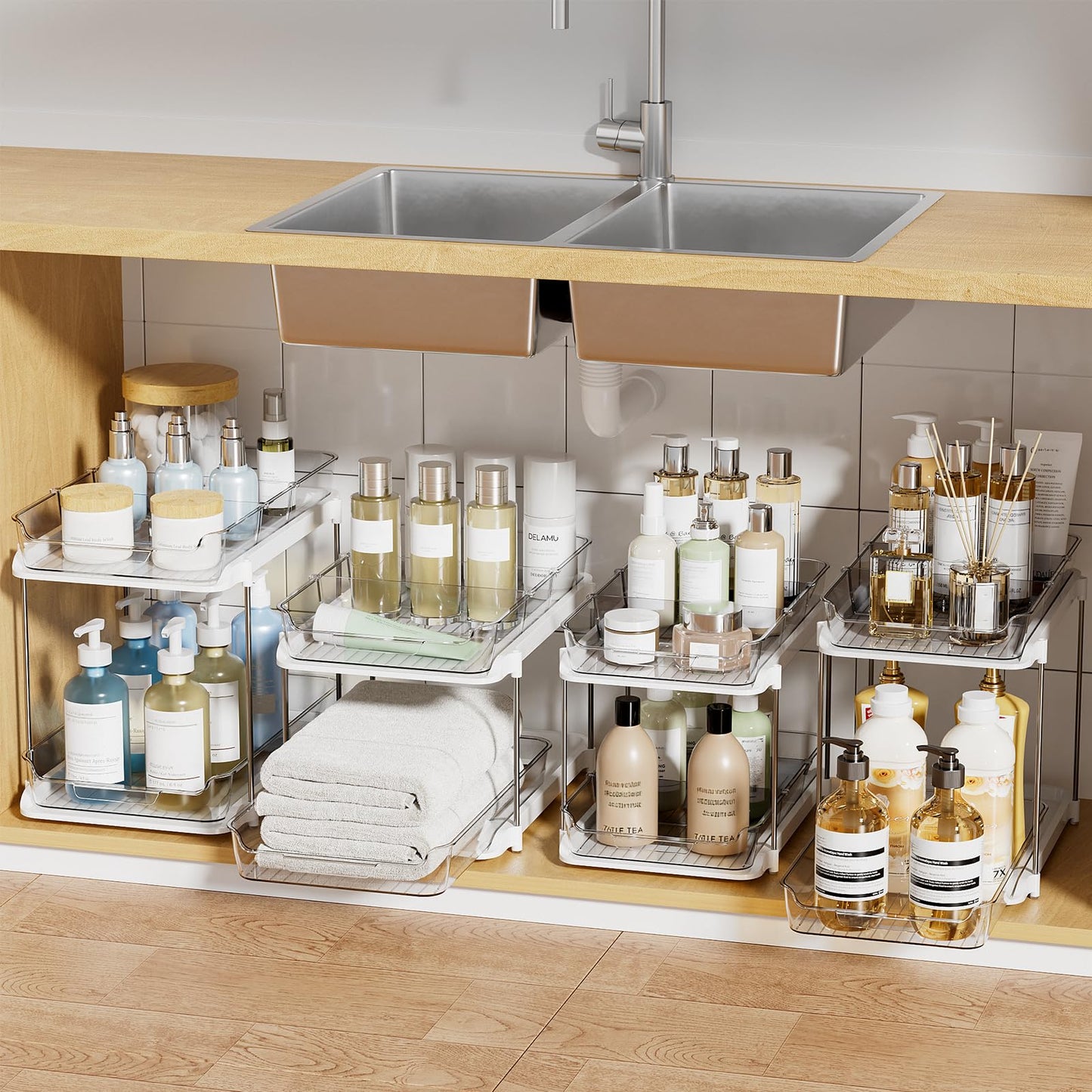 Delamu 2-Tier Multi-Purpose Bathroom Under Sink Organizers and Storage, Stackable Kitchen Pantry Organization, Pull Out Medicine Cabinet Organizer with Movable Dividers, White, 2 Pack
