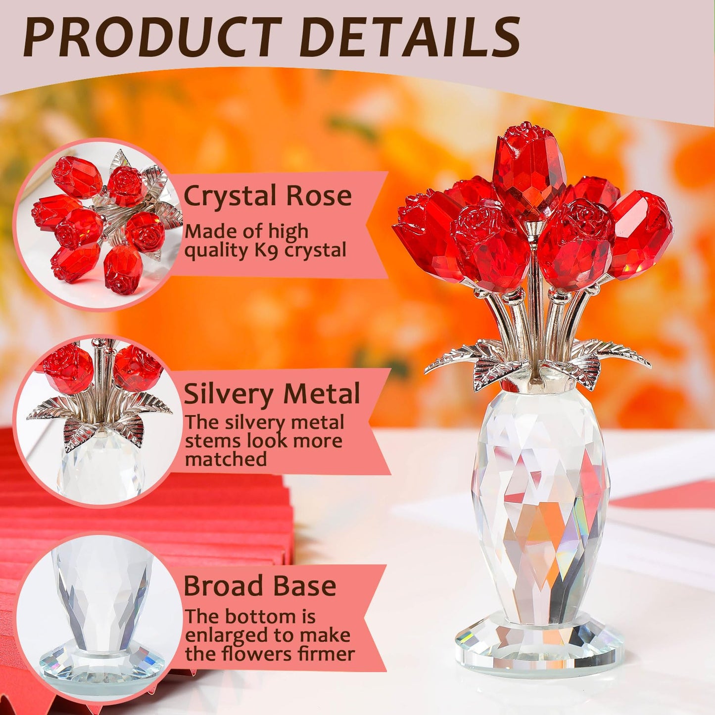 Movdyka Red Rose Crystal Flower Glass Roses Bouquet Gifts for Wife Mom
