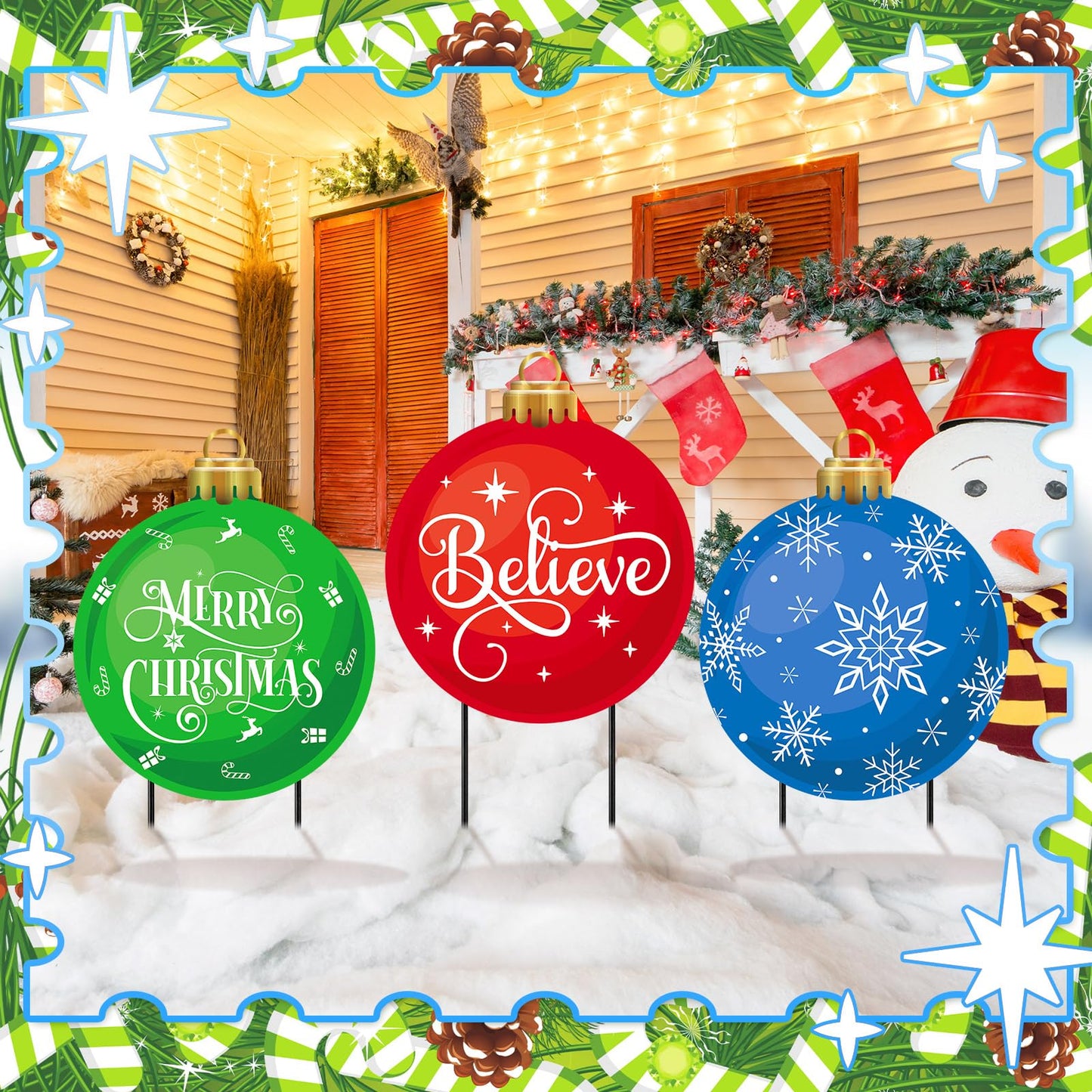 3 Pcs Metal Christmas Balls Yard Signs 20'' H Outdoor Waterproof Snowflake Believe Merry Christmas Yard Sign with Stakes for Outside Porch Patio Lawn Garden Pathway Xmas Holiday Winter Decoration