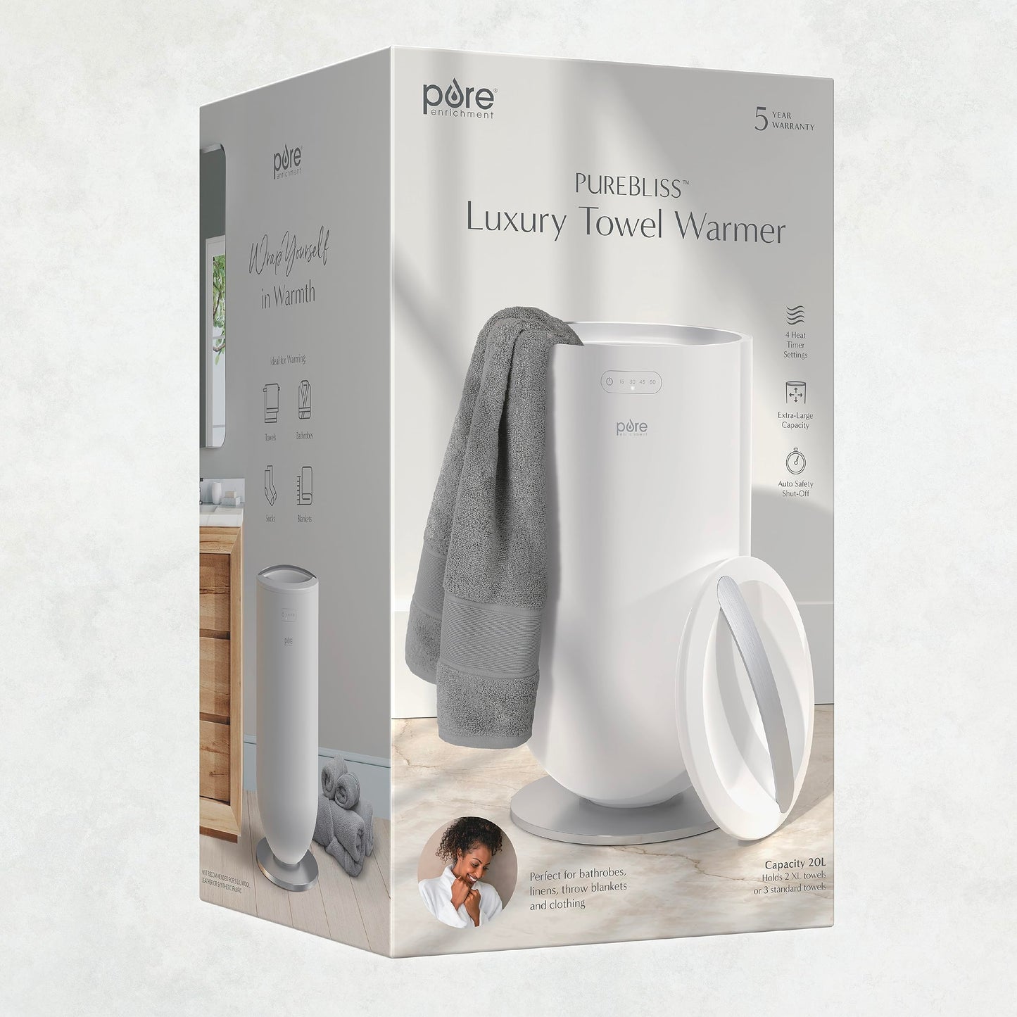 Pure Enrichment PureBliss Luxury Towel Warmer - Extra Large 20L Heats Towels, Robes, Blankets, or Clothing - Modern Bucket Design, 4 Heat Timer Settings & Auto Shut-Off (White & Brushed Gold)