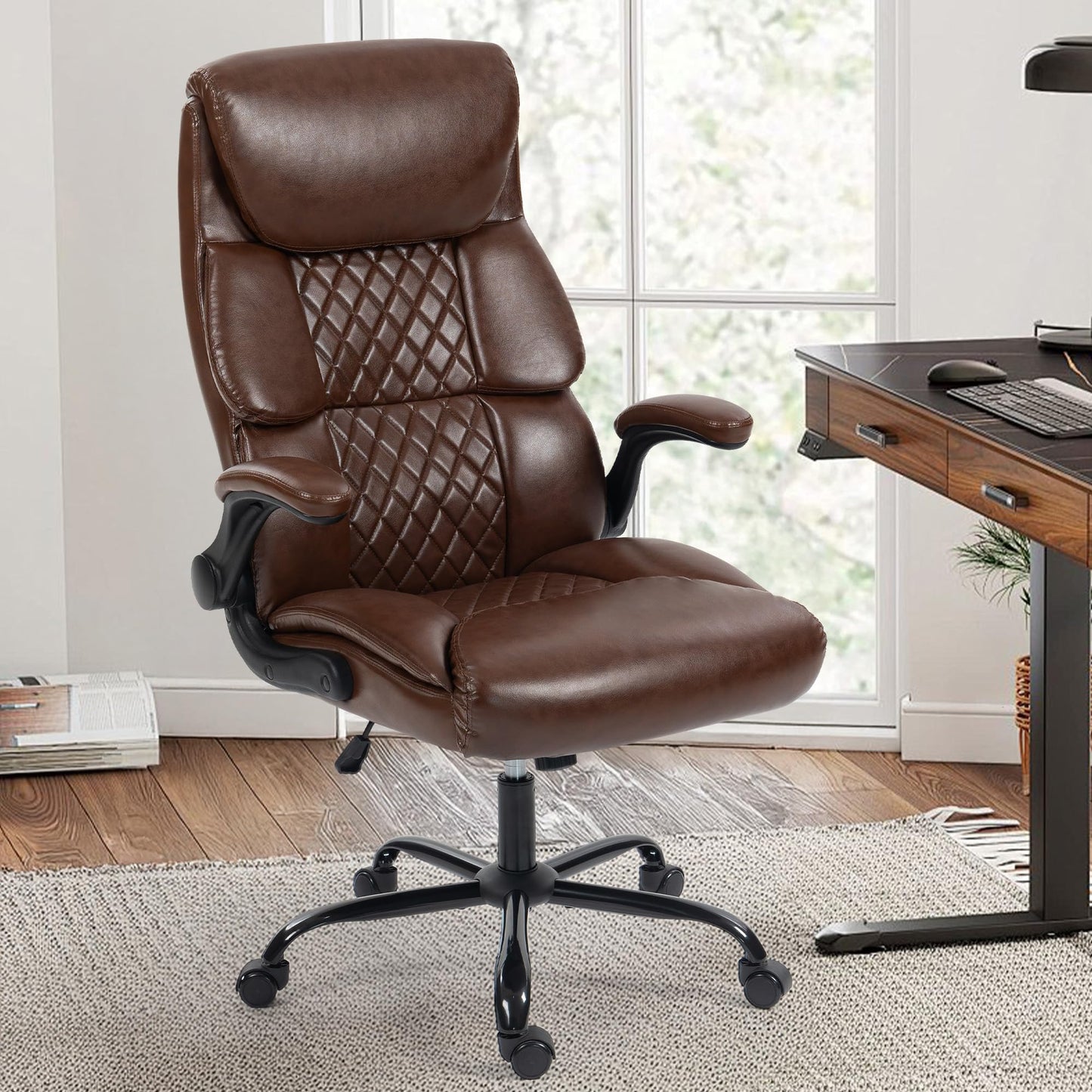 Office Chair - Ergonomic High Back Computer Desk Chair with Rocking Function & Lumbar Support - Executive Comfortable Wide Swivel Rolling Office Leather Chair with Flip-up Armrests for Home Gaming