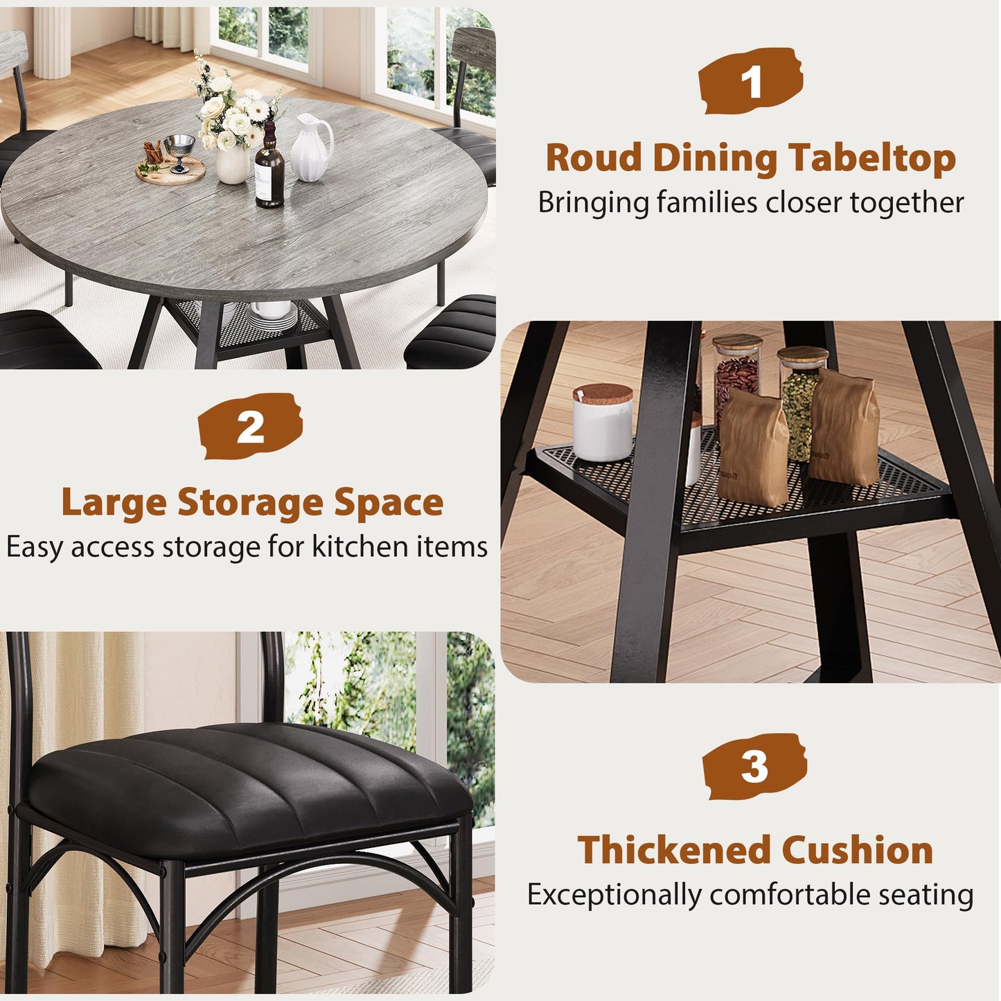 Round Dining Table Set for 4, Kitchen Table and Chairs for 4, Circle Table Round Pedestal Dining Room Dinner Dinette Table Set,5 Piece Space Saving Wood Kitchen & Dining Room Tables (Grey, 42In)