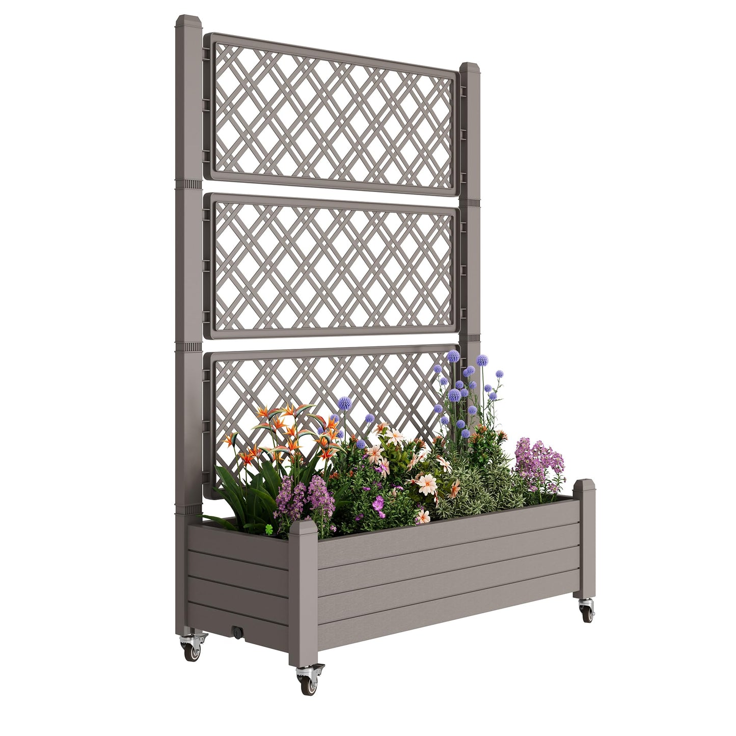 Fancyango Raised Garden Bed with Trellis and Wheels, Resin Planter Box with Trellis with Drainage Holes & Water Monitor, Privacy Planters for Patio for Climbing Plants, Gray(1 Pack)