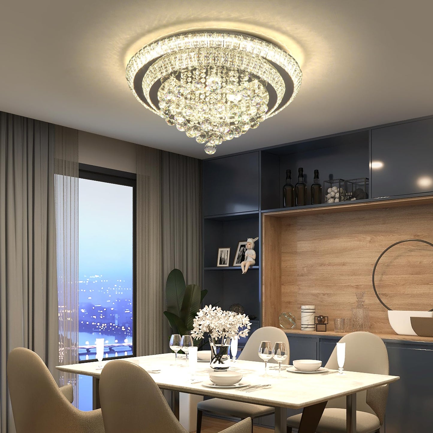 COCOSTAR 24" Crystal Chandeliers, Flush Mount Chandelier LED Ceiling Light, Modern Crystal Raindrop Chandeliers for Dining Room, Living Room, Bedroom
