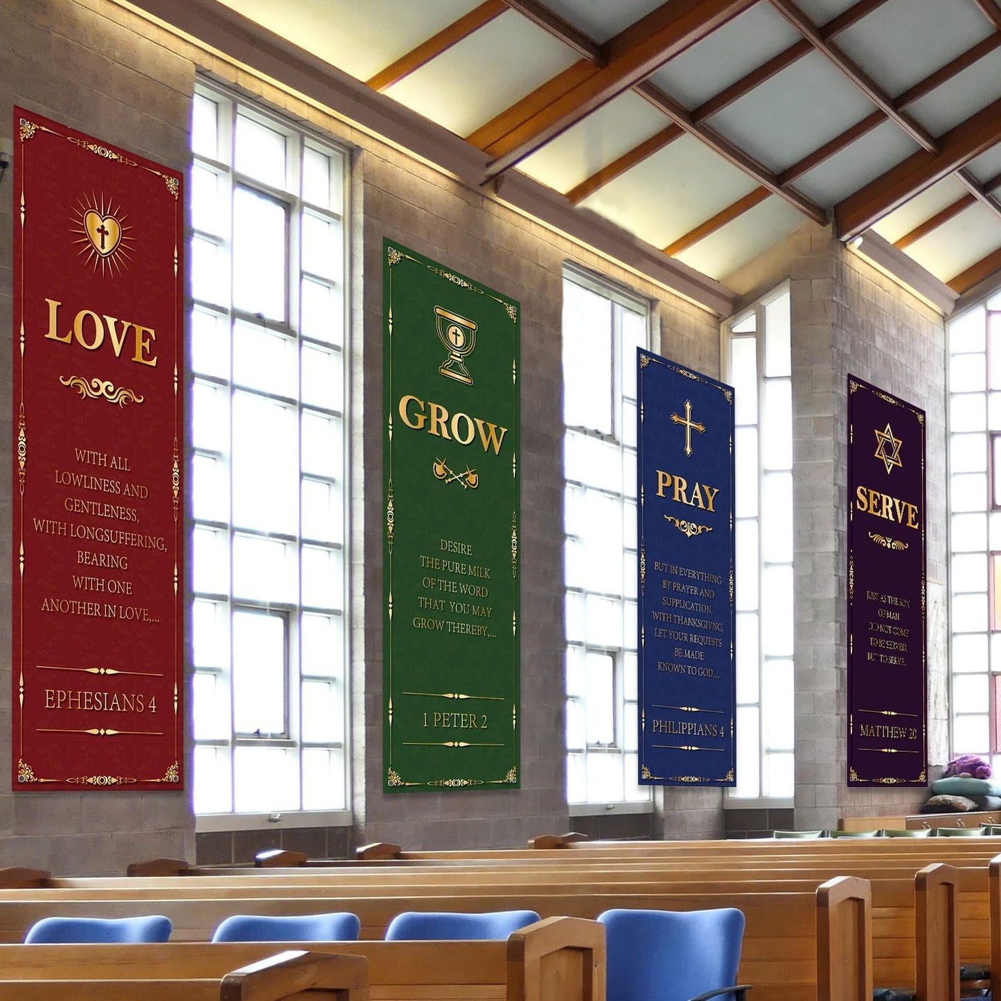 4Pcs Welcome Religious Easter Banners for Church Sanctuary Wall - Hanging Backdrop Worship Christian Nativity Banner Scripture Porch Signs for Easter School Nativity Decor