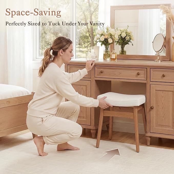LUE BONA Solid Wood Vanity Bench Stool, 17.3" H Ergonomic Saddle Stool