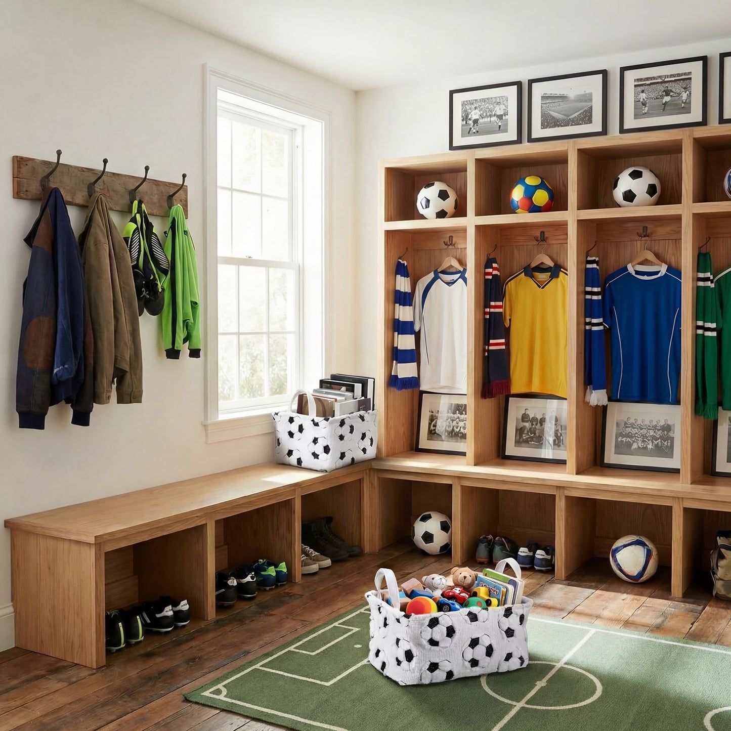 Yiyiring 2 Pcs Soccer Storage Baskets 14x10'' Back to School Gift Basket Foldable Fluffy Laundry Storage Bin with Handle Sport Theme Closet Organizer for Preppy Dormitory Countertop Tabletop Shelf