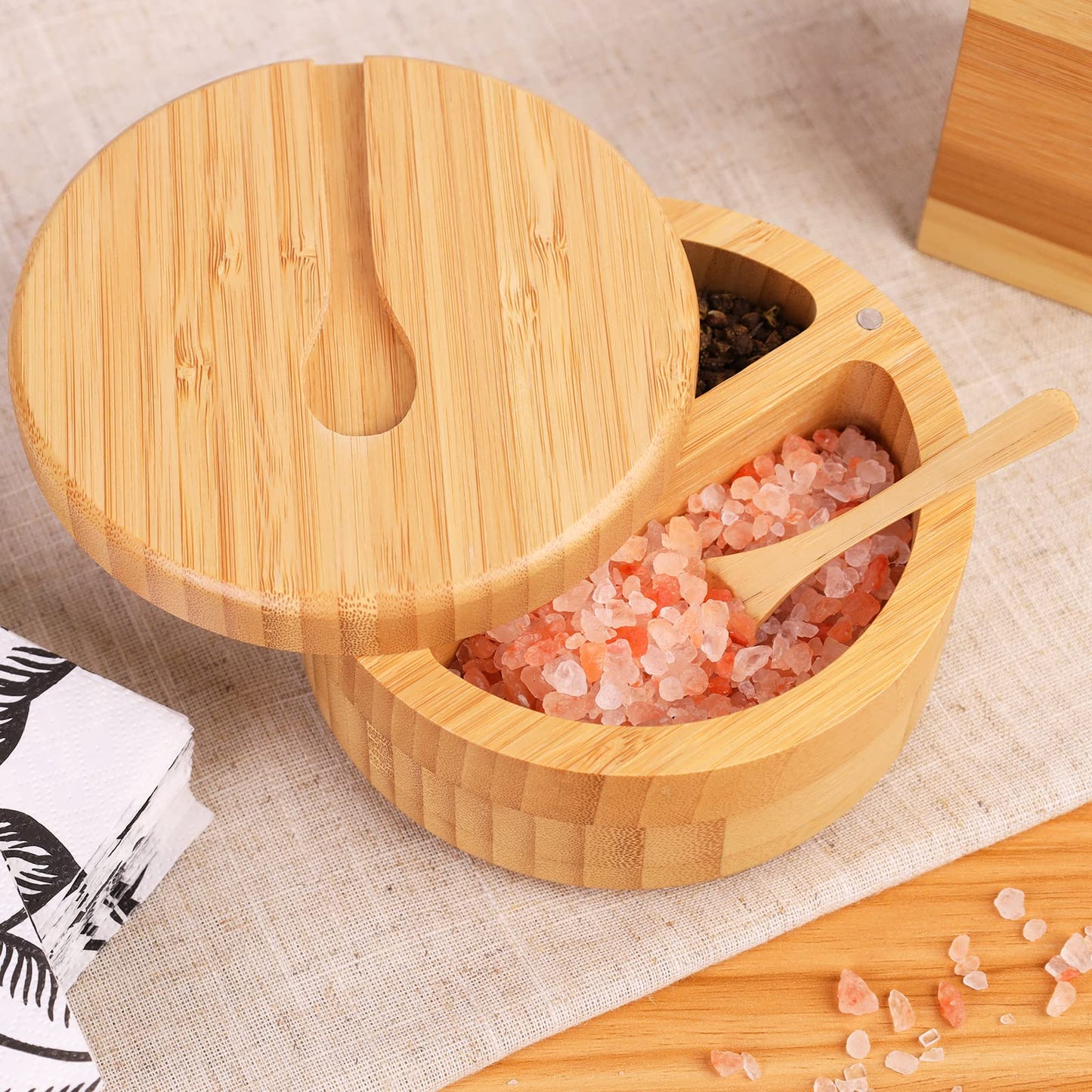 HTB Bamboo Salt and Pepper Bowls, Divided Salt Cellar With Swivel Lid and Spoon, Seasoning Containers With Magnetic Lid to Keep Dry, Mini Spoon Built Into Top, Great When You May Have Messy Hands