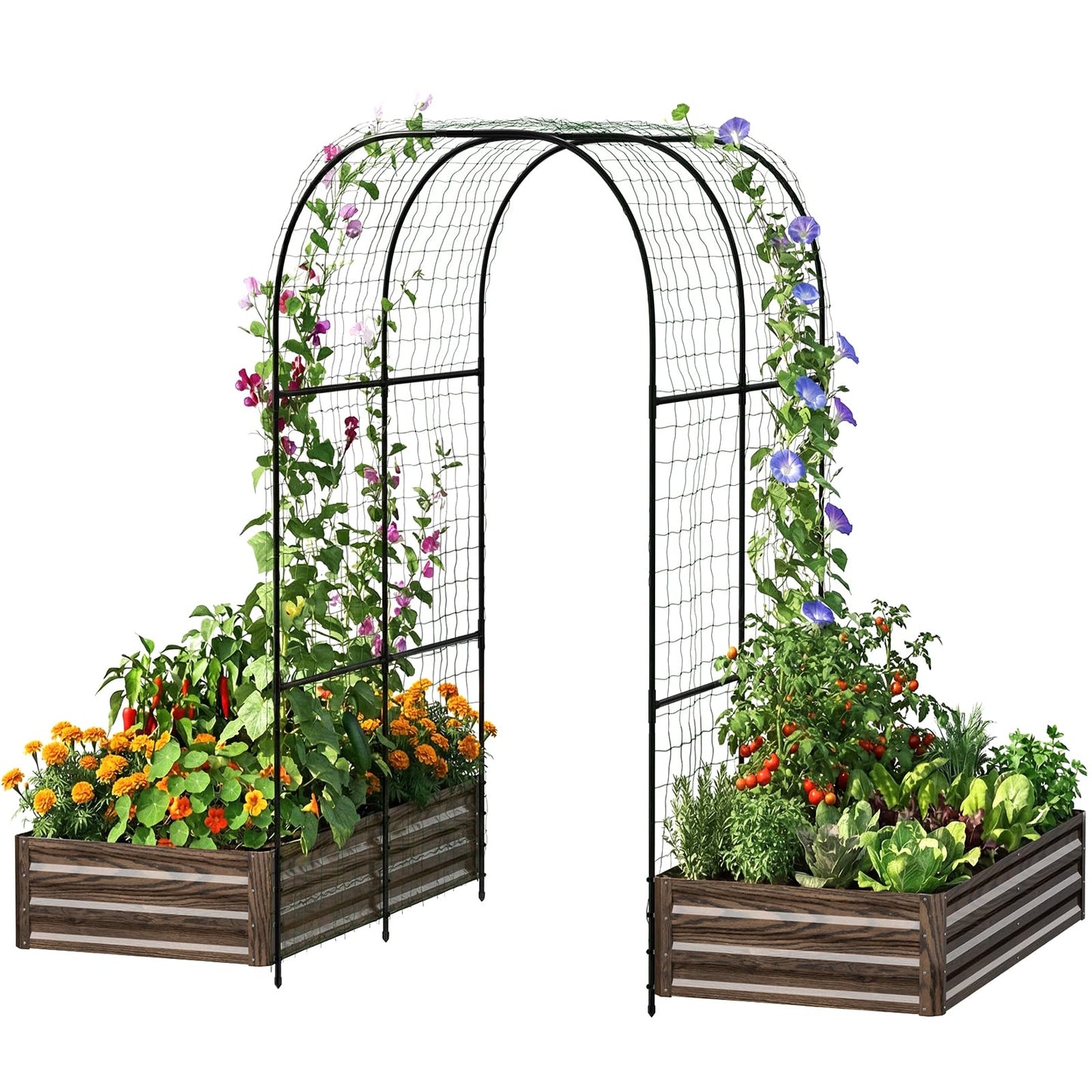 SUNYRISY Galvanized Raised Garden Bed with 87" H Arch Trellis for Climbing Plants Outdoor, Large Metal Planter Box with Netting for Gardening Flowers Vegetables Fruit, Wood Grain