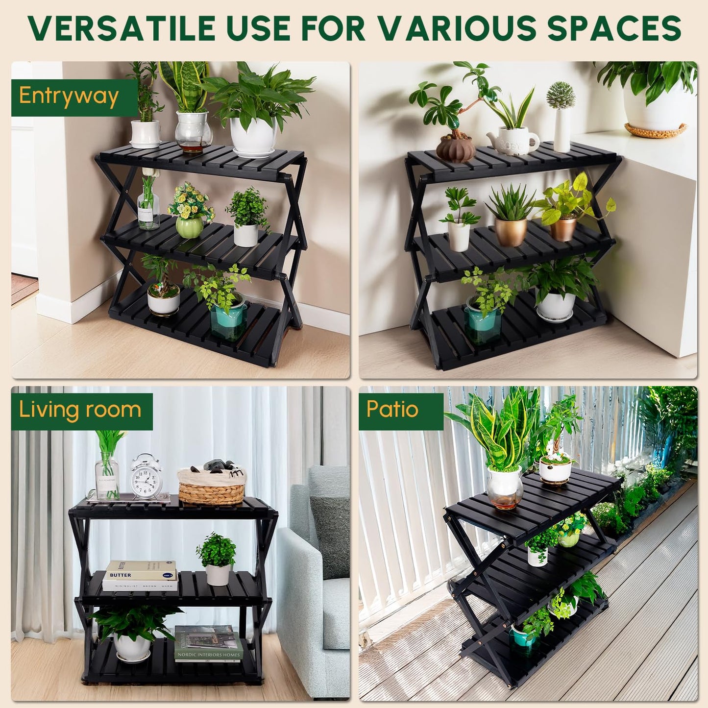 BEEFURNI Acacia Plant Stand Indoor, Wooden Outdoor Plant Stand, Foldable Plant Stand, 3 Tier Conner Space Flower Stand, Plant Ladder Stand (Black)