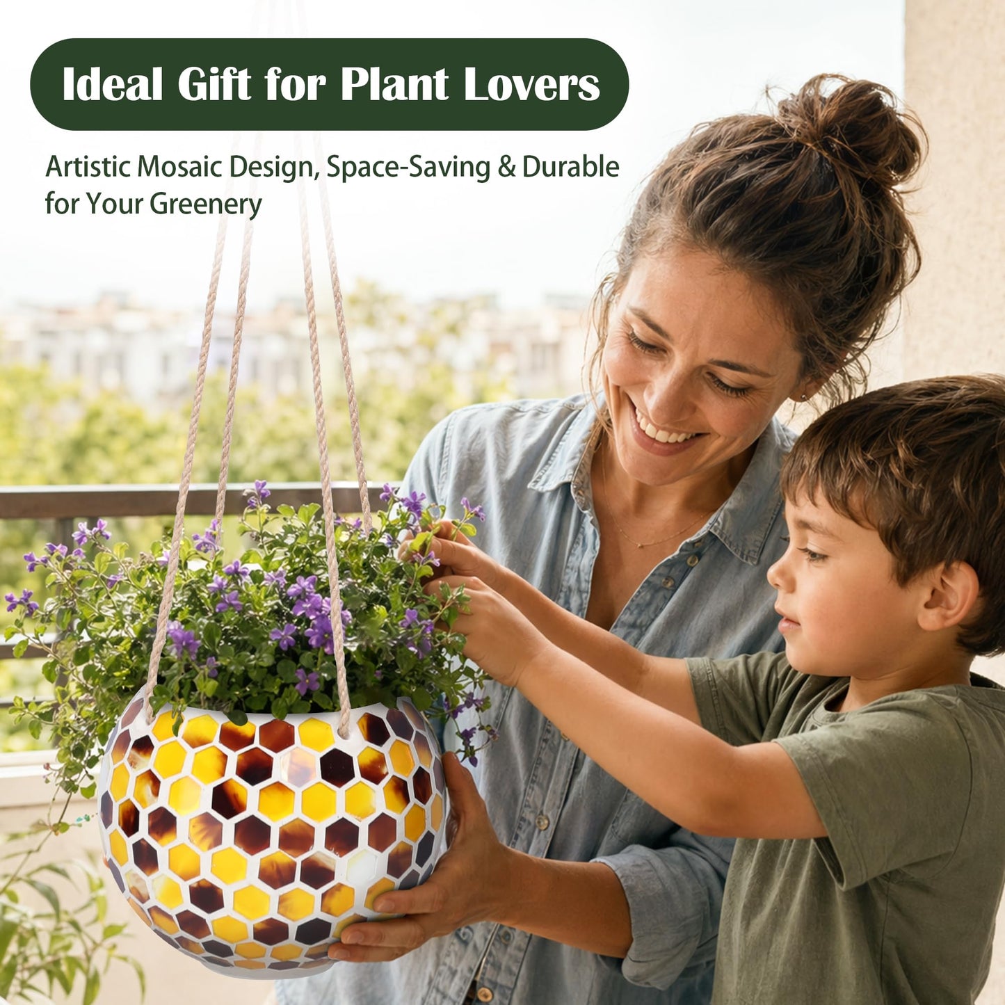 Chonsun Hanging Planter Mosaic Garden Pot Small Flower Pot for Indoor Plant Disco Ball Hanging Planter with Drainage Yellow Bee