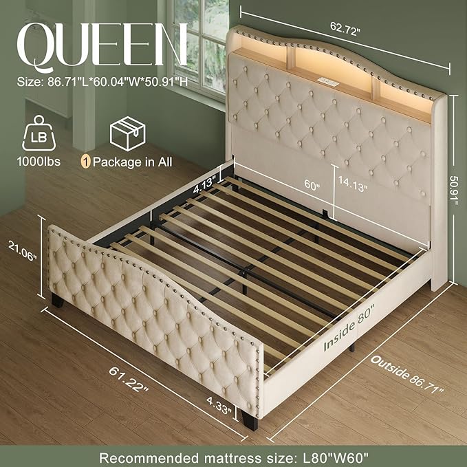 Belffin Queen Size Bed Frame and Headboard, 50.9" Velvet Upholstered Wingback