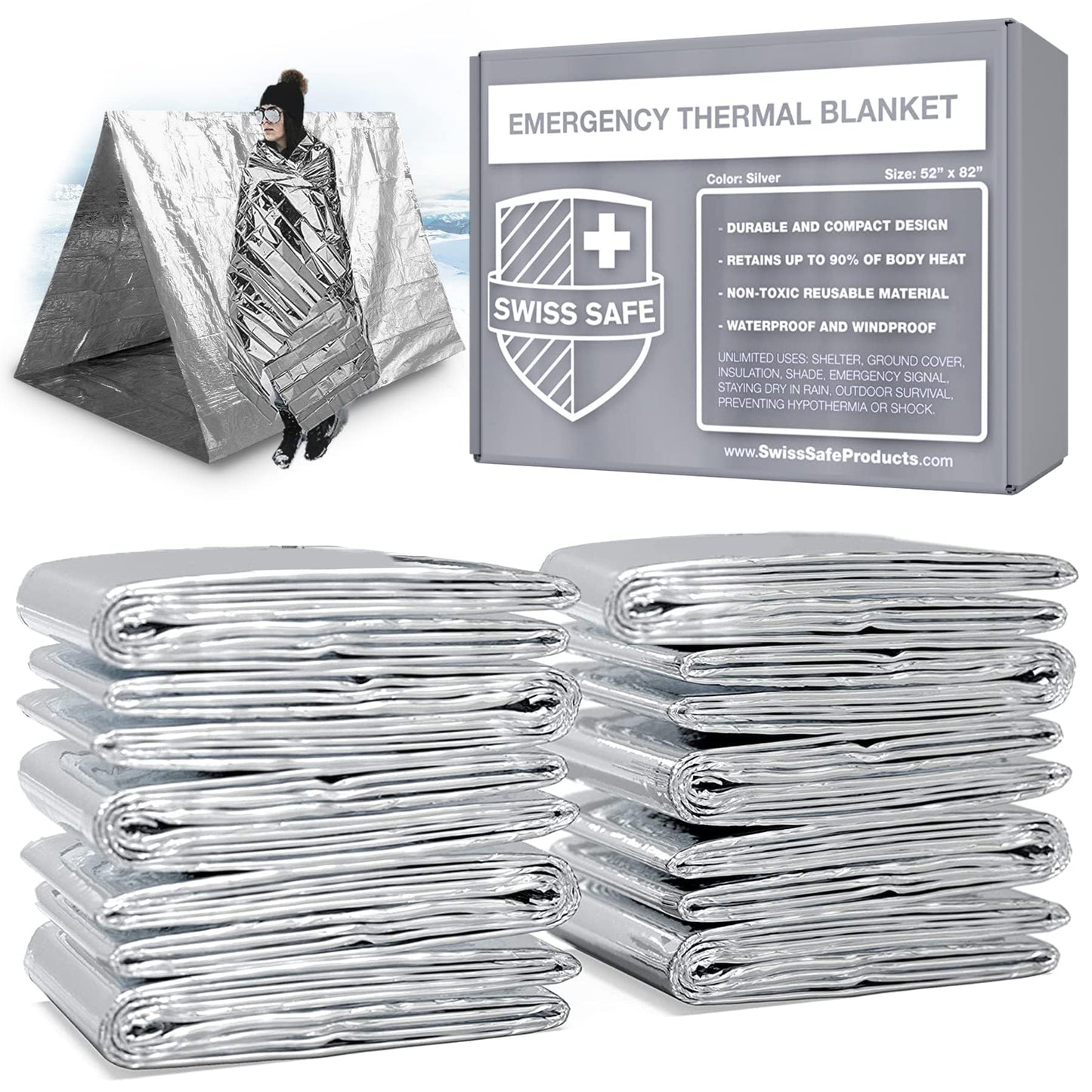 Swiss Safe 10 Pack Mylar Emergency Blankets for Survival - Compact & Insulated for Cold Weather - Designed for NASA, Outdoor, Running, Camping, Survival, First Aid Car Kit - Silver, 10 Pack