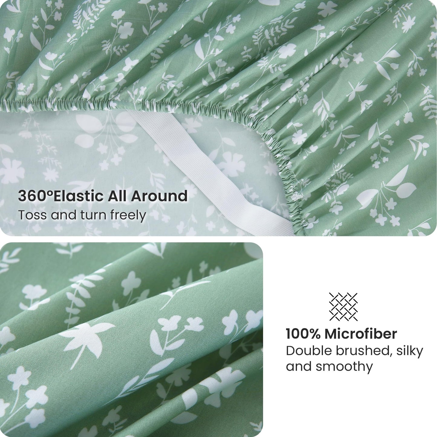 Viviland Sage Green Queen Sheet Set - 4 Piece Vintage Green Flower Patterned Bed Sheets - Soft, Breathable Microfiber Floral Sheets with Deep Pocket, Non-Slip Fitted Sheets & Pillowcases
