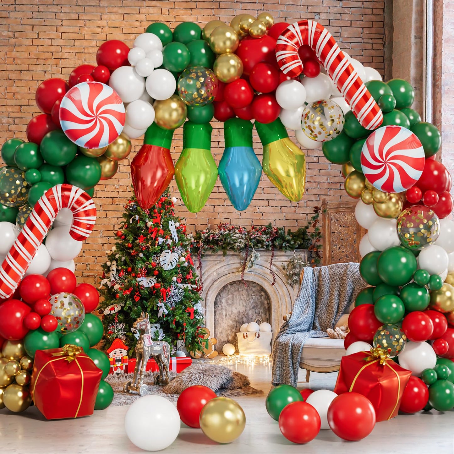 Grcypa 145Pcs Christmas Balloon Garland Arch Kit with Xmas Red White Green Gold Confetti Balloons Light Bulb Candy Cane Gift Box Foil Balloons for Christmas Party Decorations New Year Party Supplies