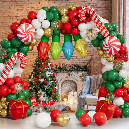 Grcypa 145Pcs Christmas Balloon Garland Arch Kit with Xmas Red White Green Gold Confetti Balloons Light Bulb Candy Cane Gift Box Foil Balloons for Christmas Party Decorations New Year Party Supplies