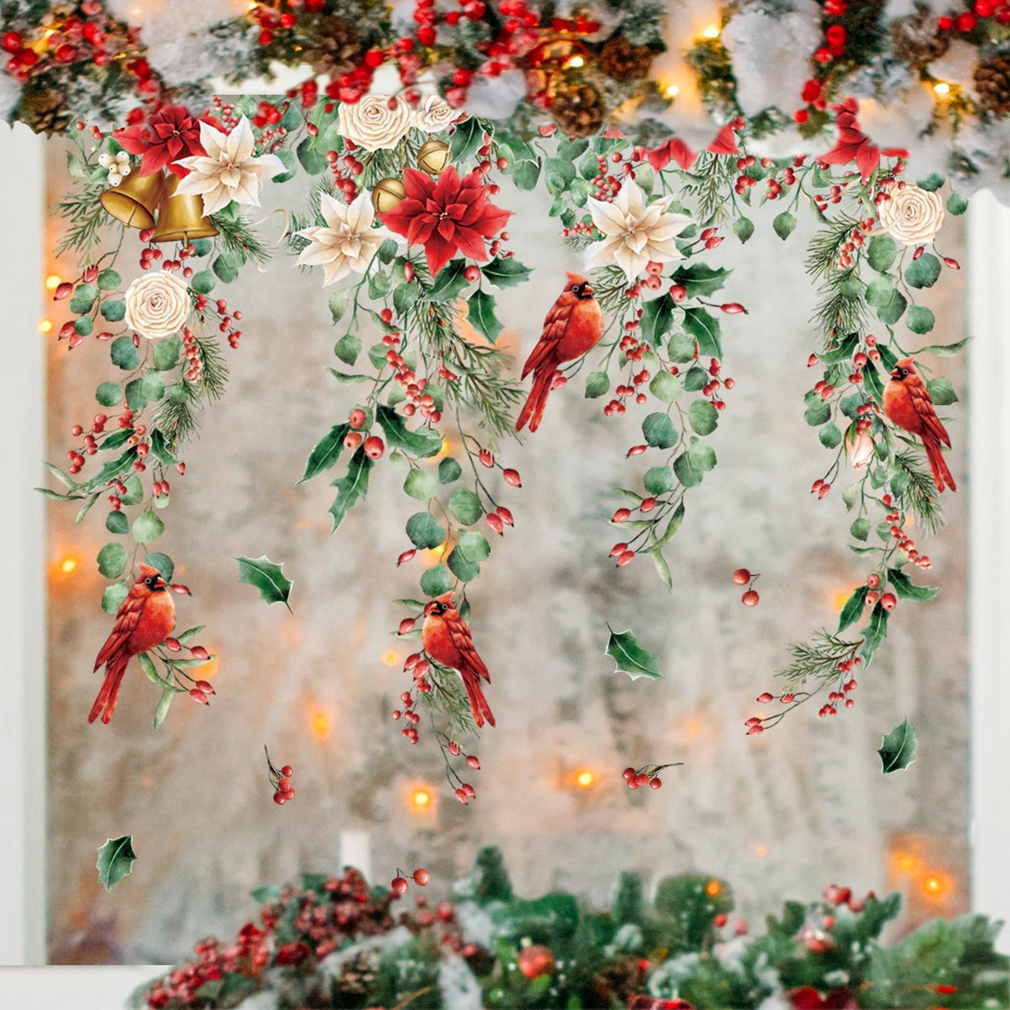 Whaline 9 Sheets Christmas Floral Window Cling Stickers Hanging Poinsettia Flowers Eucalyptus Leaves Reusable Window Decals for Xmas Winter Party Home Office Classroom Decoration